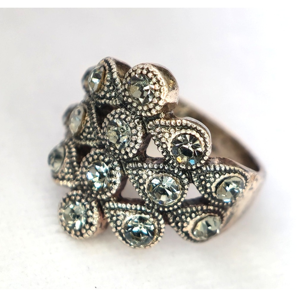 Vintage Silver Tone Cluster Ring Clear Rhinestone Filigree Size 7